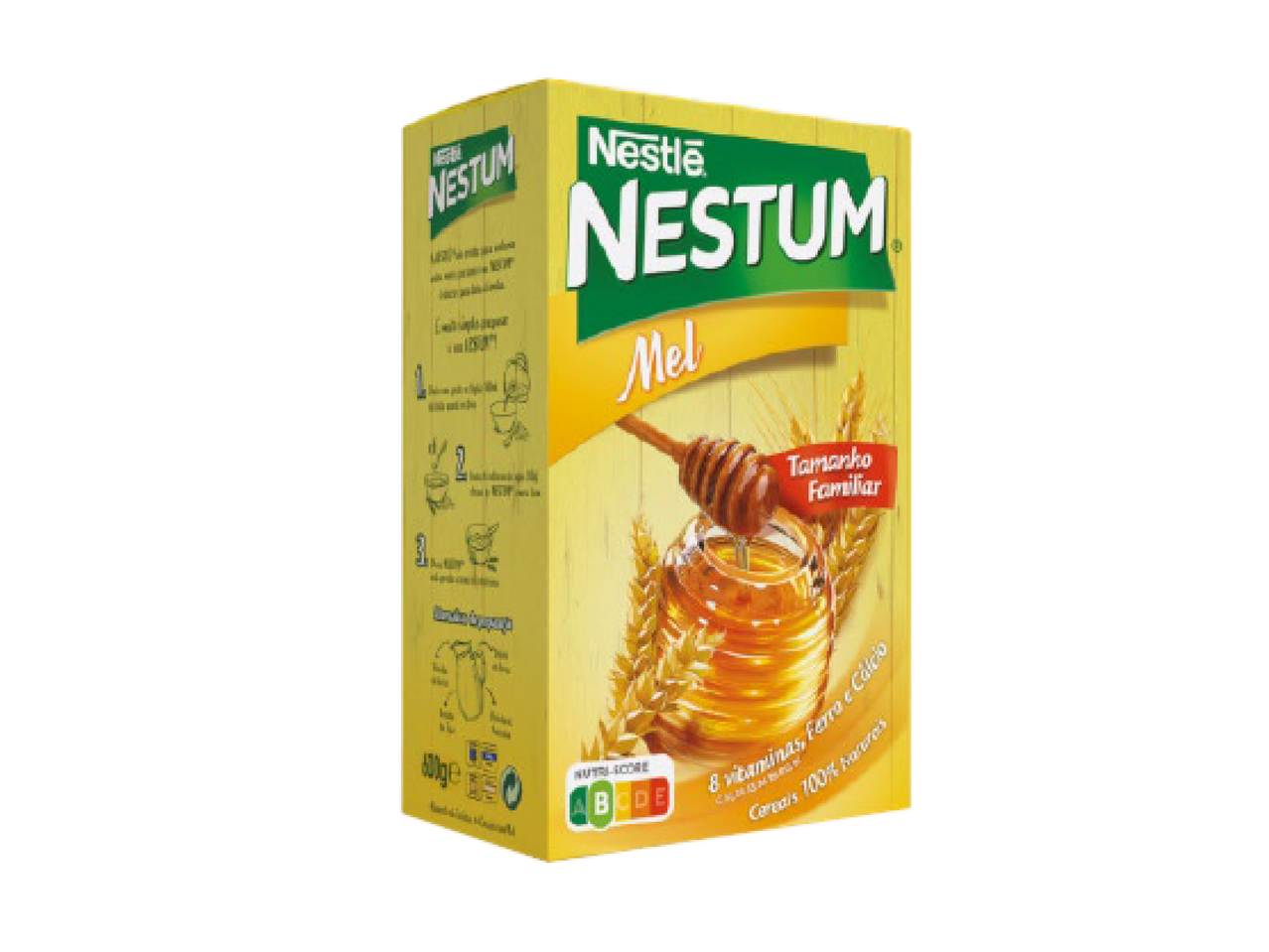 Caixa de cereais com mel, tamanho familiar, com 8 vitaminas, ferro e cálcio, e cereais 100% naturais.