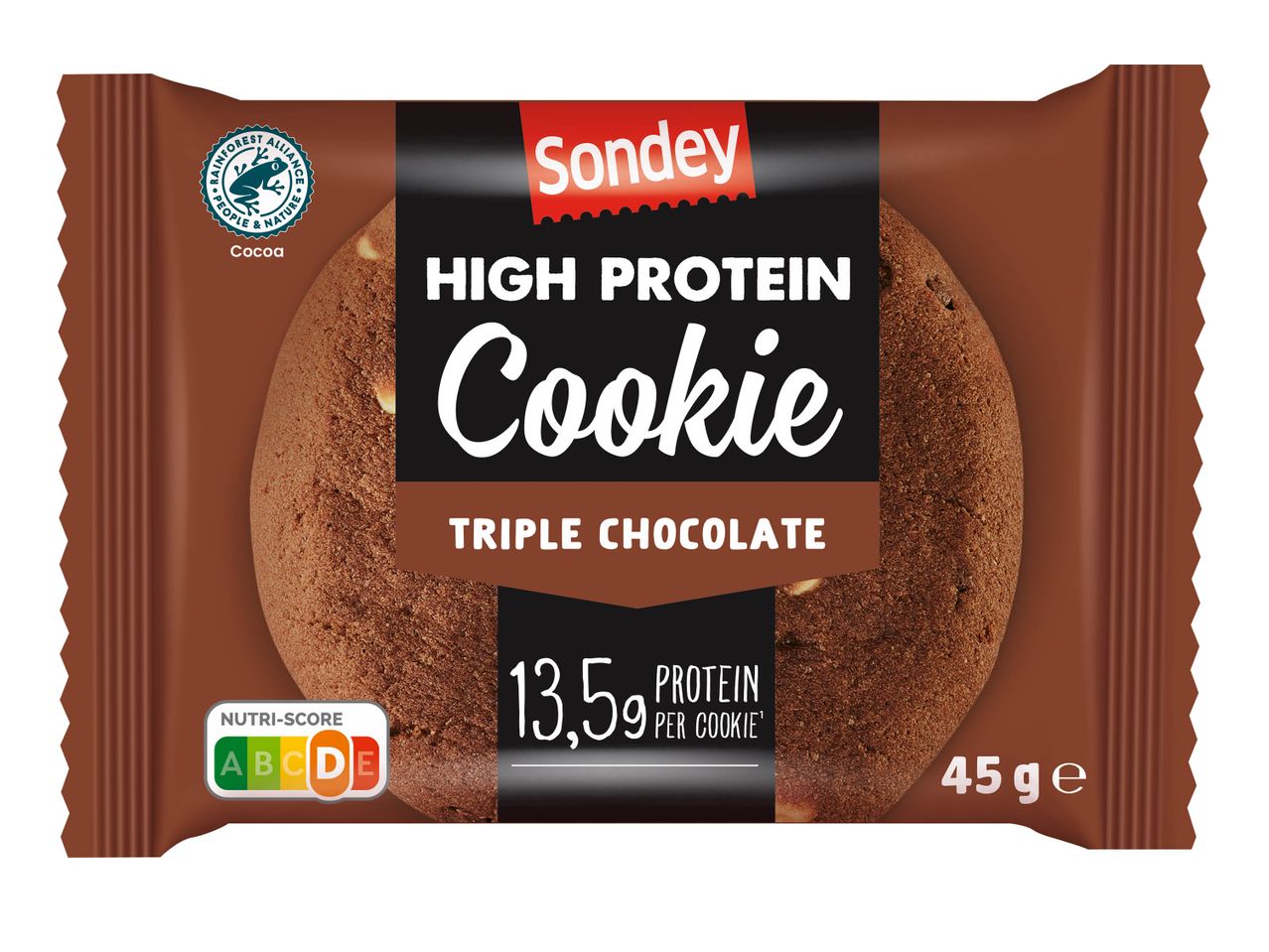 Un biscuit Sondey triple chocolat riche en protéines (13,5g) dans un emballage brun.