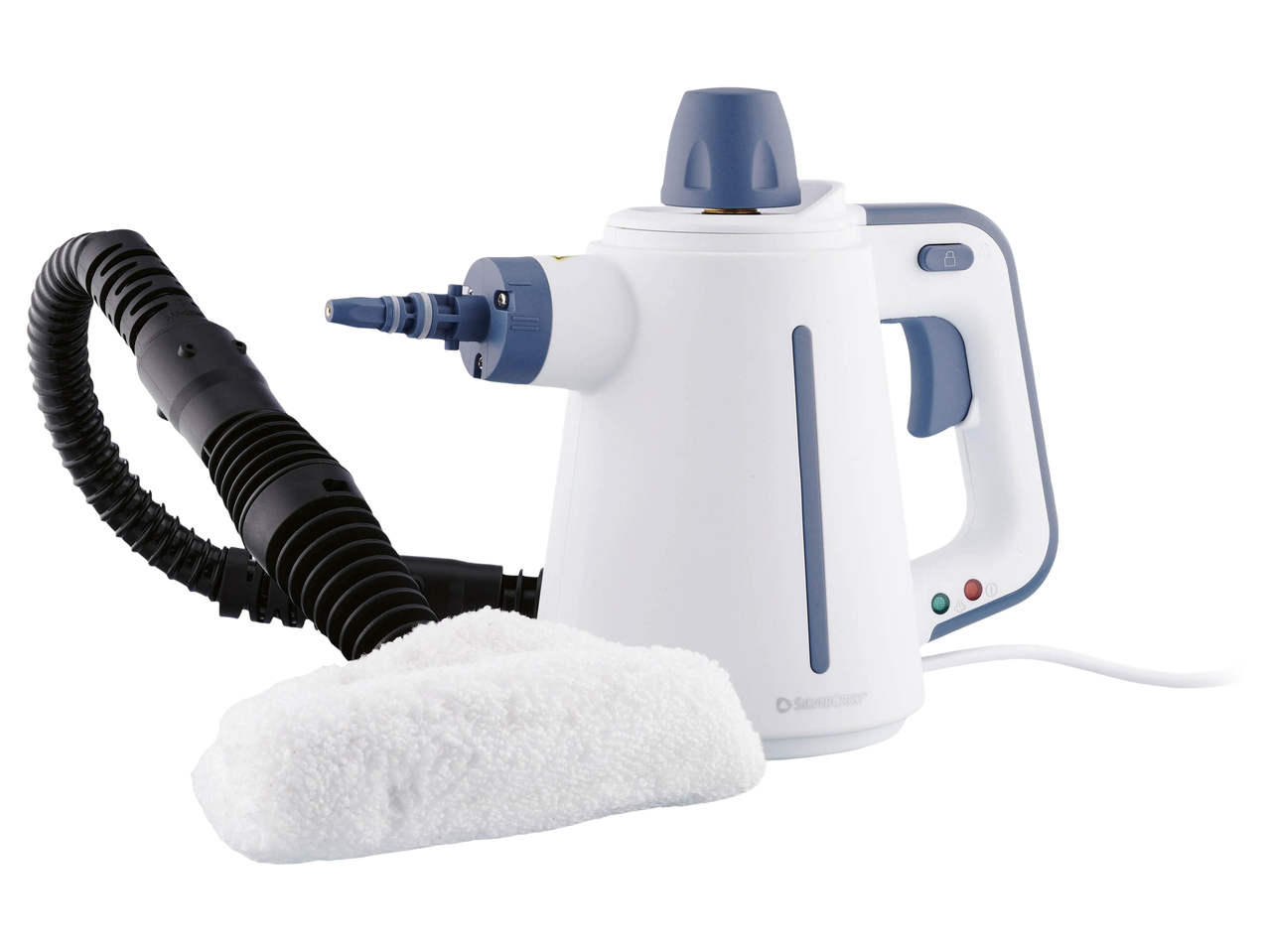 White and blue handheld steam cleaner with a black hose and white cleaning pad.