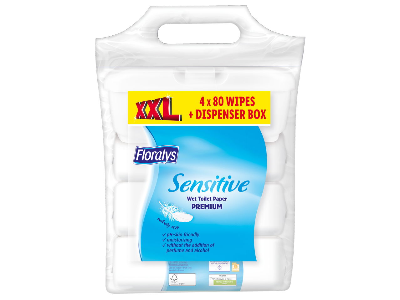 Papel higiênico húmido Floralys Sensitive Premium, pacote XXL com caixa dispensadora.