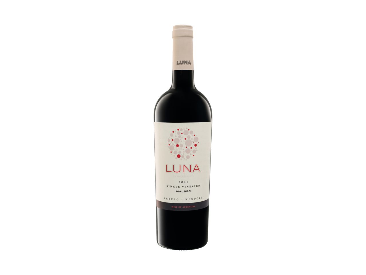 Red wine bottle with a white label featuring red and light red circles, text reads 'LUNA 2021 SINGLE VINEYARD MALBEC WINE OF ARGENTINA'
