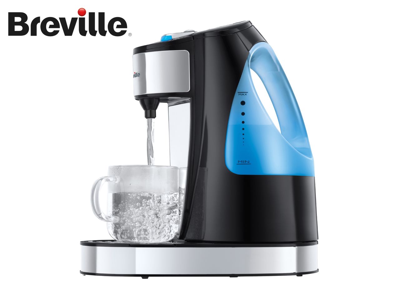 Black and silver hot water dispenser filling a clear glass mug with water, with a blue water level indicator.