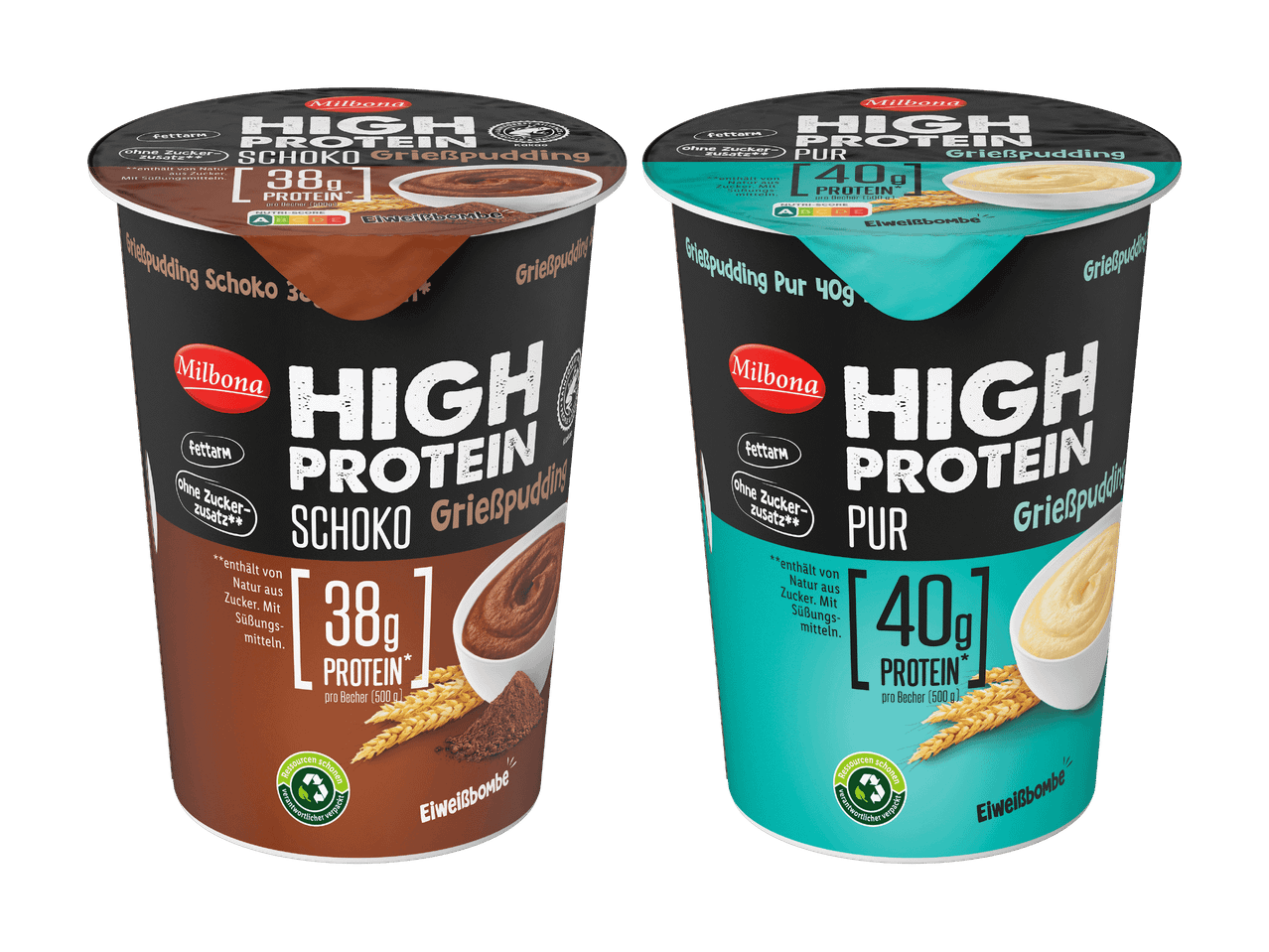 Zwei Milbona High Protein Grießpudding Becher, einer Schoko, einer Natur.