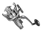 Silver fishing reel with text: 4 ball bearings, line capacity, one way clutch.