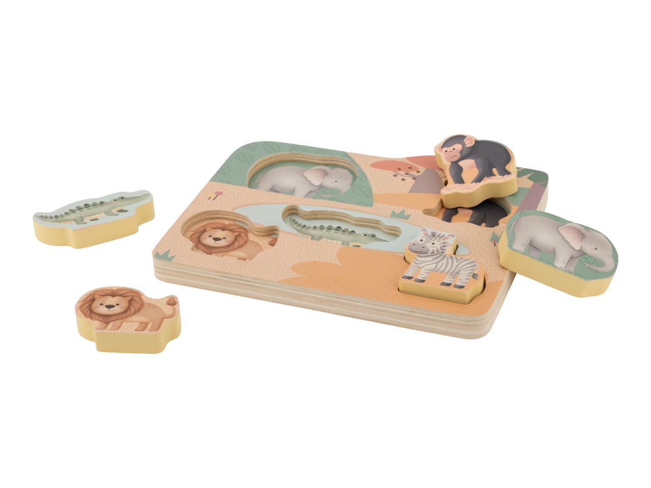 Wooden safari animal puzzle with lion, crocodile, elephant, zebra, and monkey pieces.