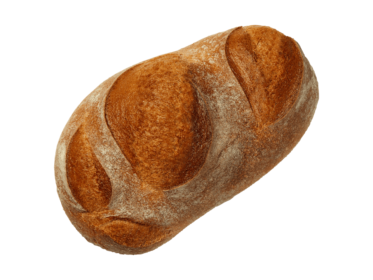 Ein rustikales Brot mit goldener Kruste und dekorativen Einschnitten, mit Mehl bestäubt.