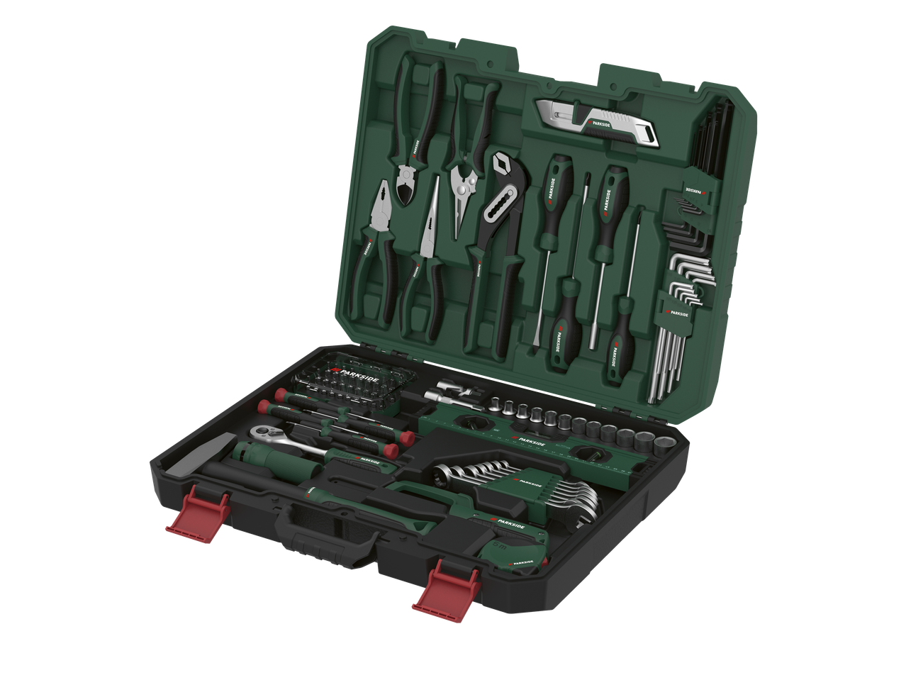 PARKSIDE tööriistakomplekt tangide, kruvikeerajate, kuuskantvõtmete ja mutrivõtmetega rohelises kohvris.