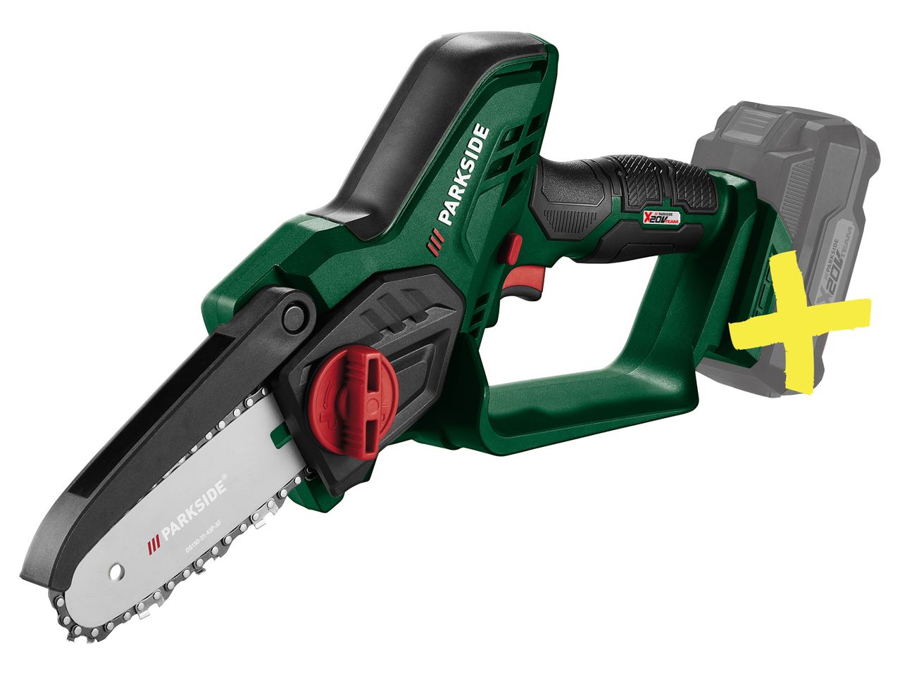 Green and black cordless mini chainsaw with a cross on the battery