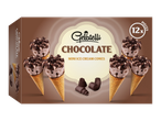 Boîte de 12 mini cornets de glace au chocolat, avec des copeaux de chocolat.