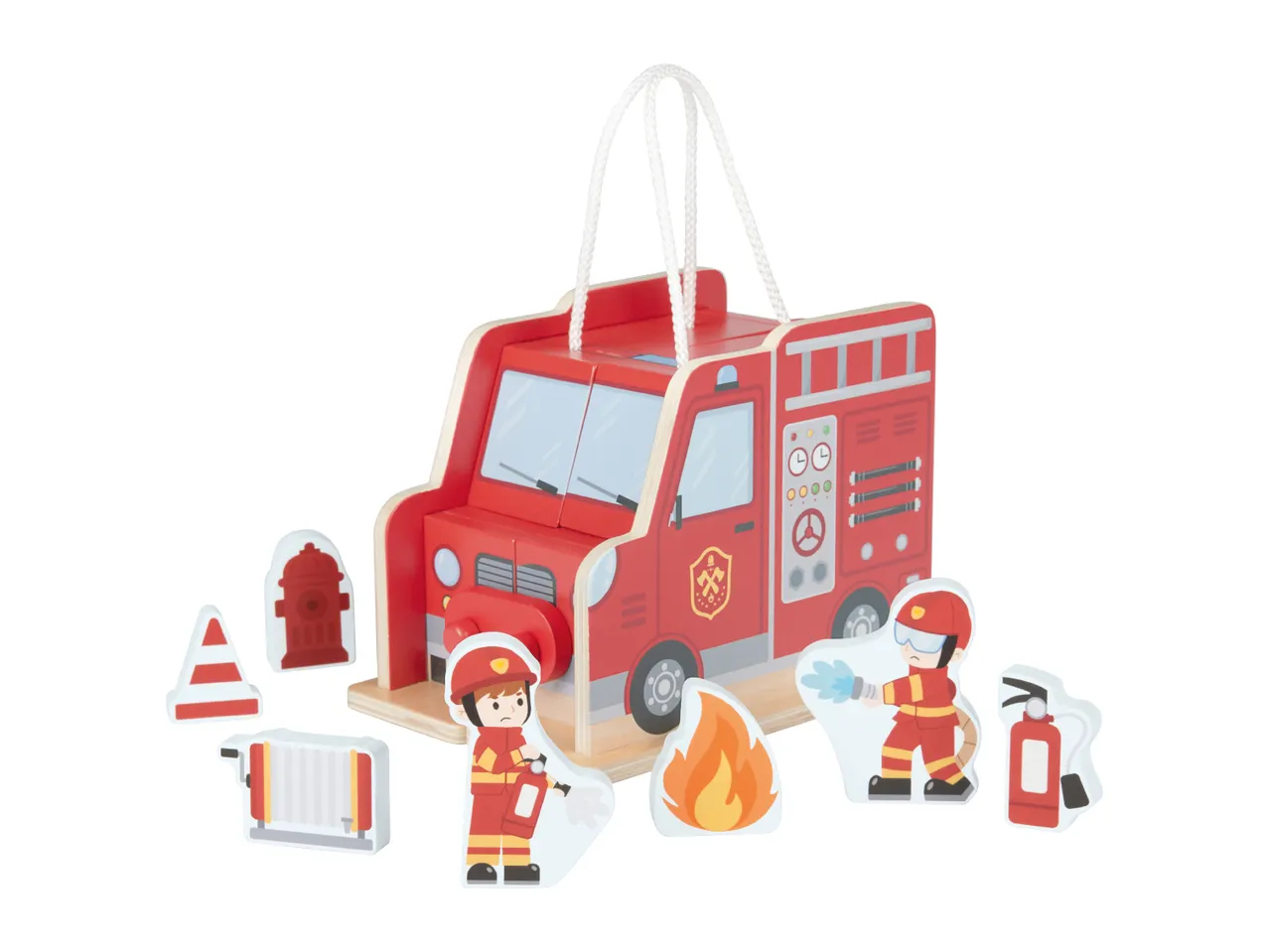 Wooden fire truck toy with firefighters, fire hydrant, and other accessories.
