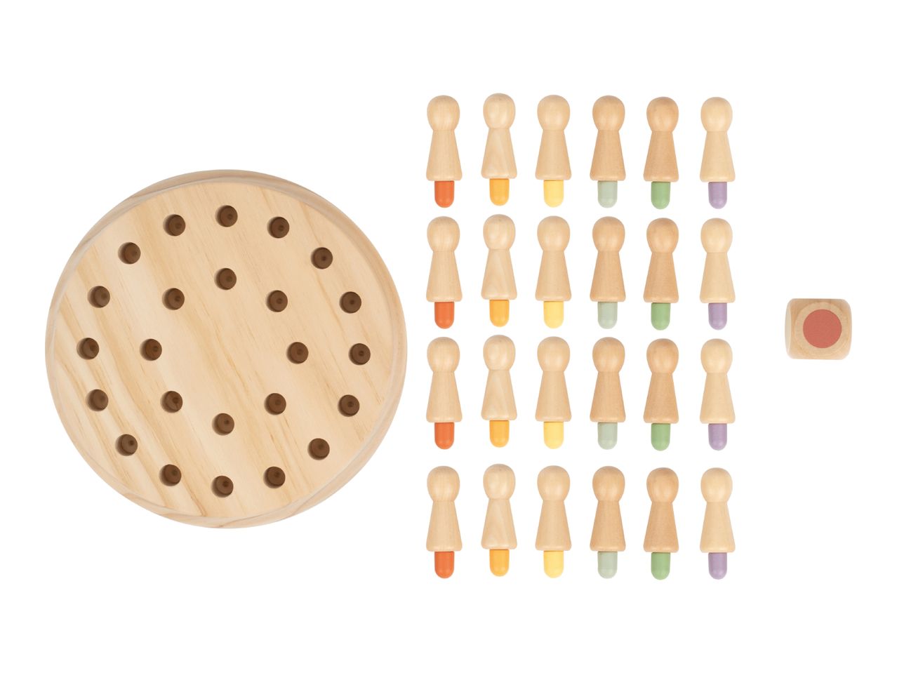 Wooden memory game with a round board, colorful pegs, and a die.
