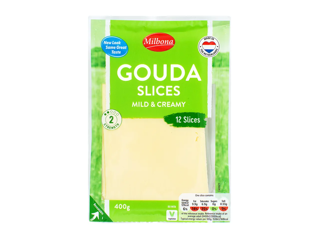 Milbona Gouda slices: 12 slices, 400g, mild & creamy.