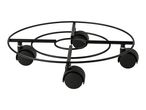 Black metal plant caddy with four wheels