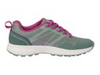 A single green and pink hiking shoe with a white sole and textured tread.