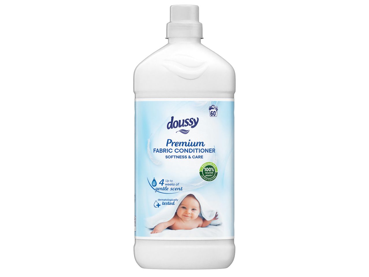 Doussy Premium омекотител за тъкани с 4 седмици нежен аромат и 100% рециклирана пластмасова бутилка.