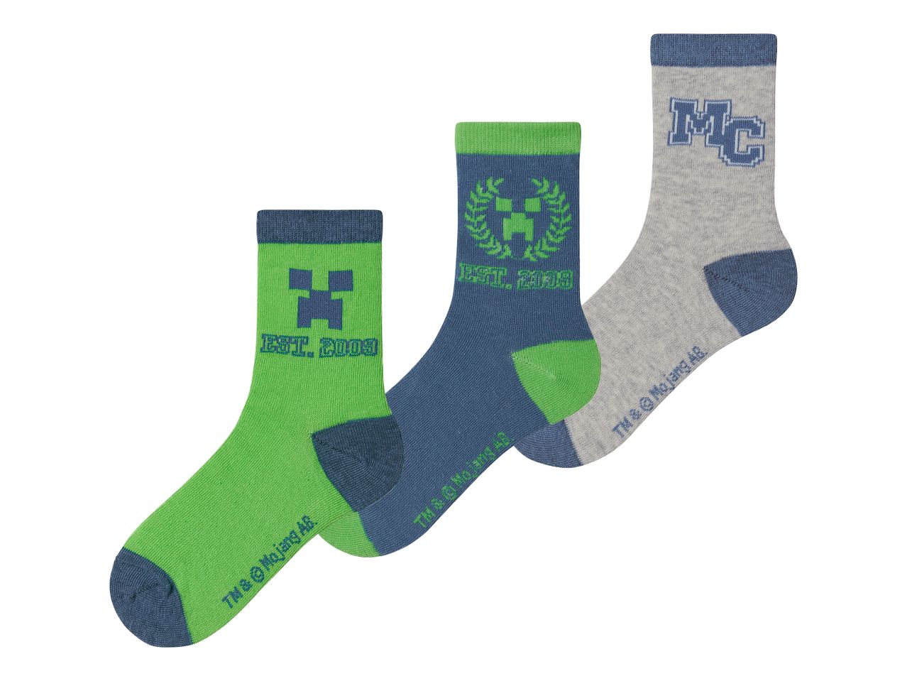 Three pairs of Minecraft-themed socks in green, blue, and grey.