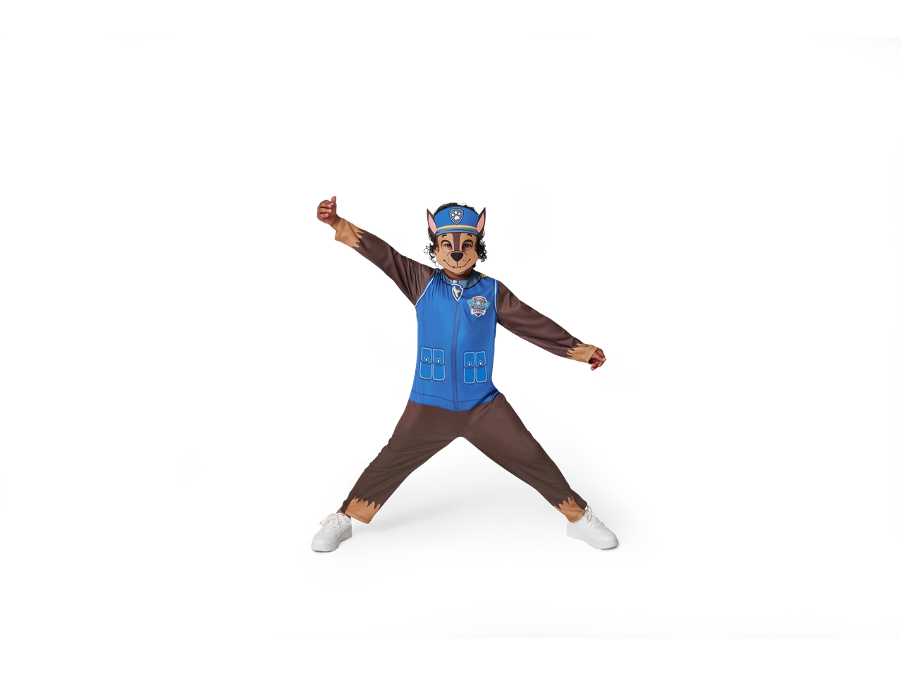 Child in a Paw Patrol Chase costume with a blue vest and brown jumpsuit