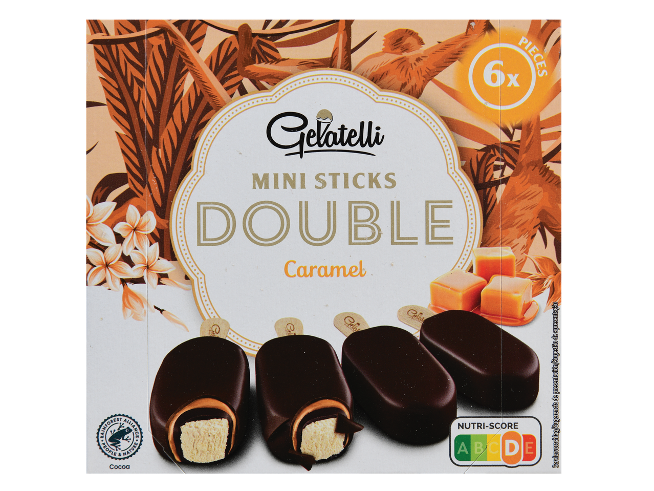 Embalagem de palitos de gelado Gelatelli Mini Sticks Double Caramel.
