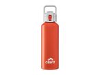 A Crivit orange aluminum water bottle with a gray lid and carrying handle.