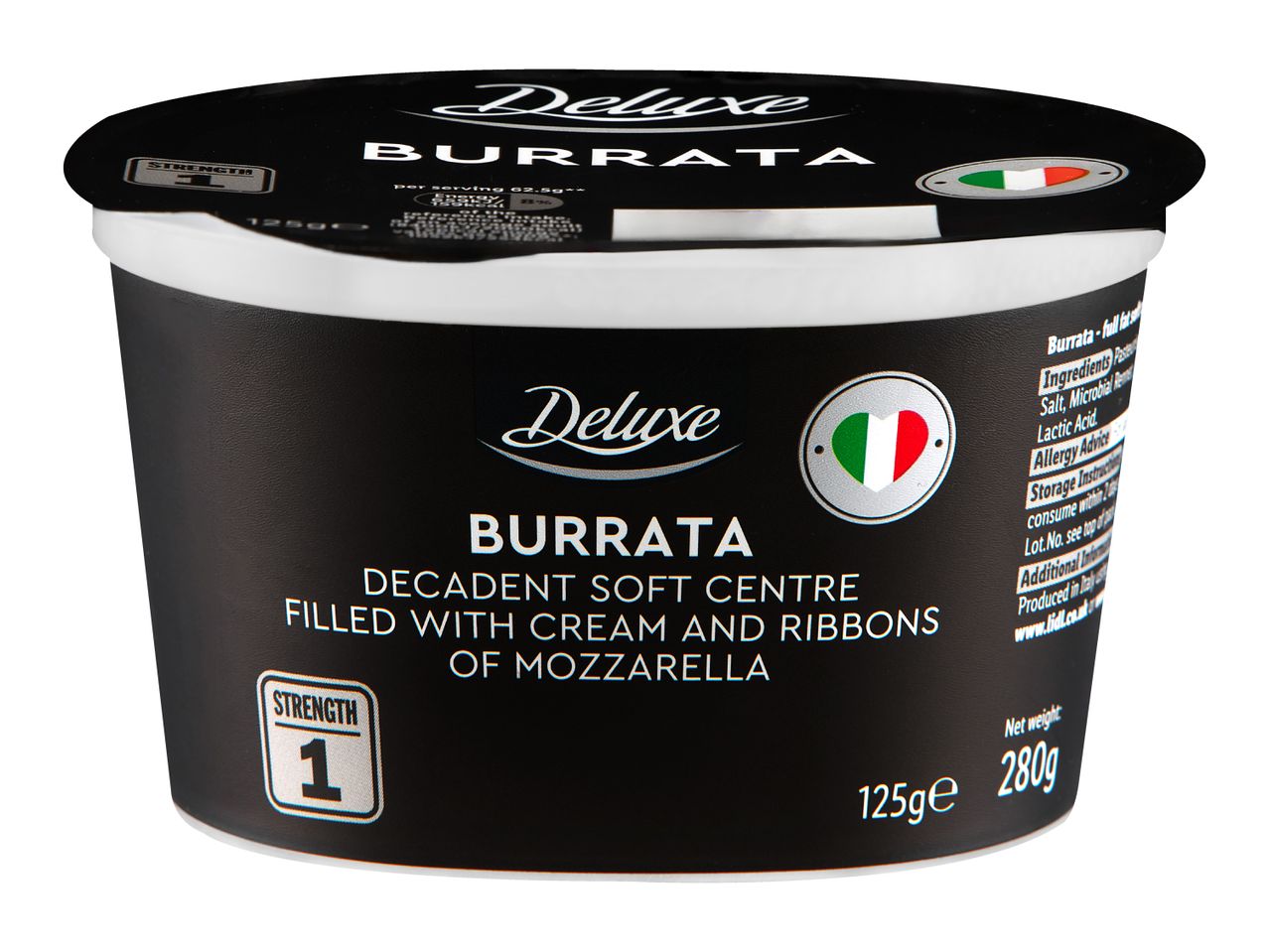 Burrata cheese in a black and white tub, highlighting its decadent soft center.