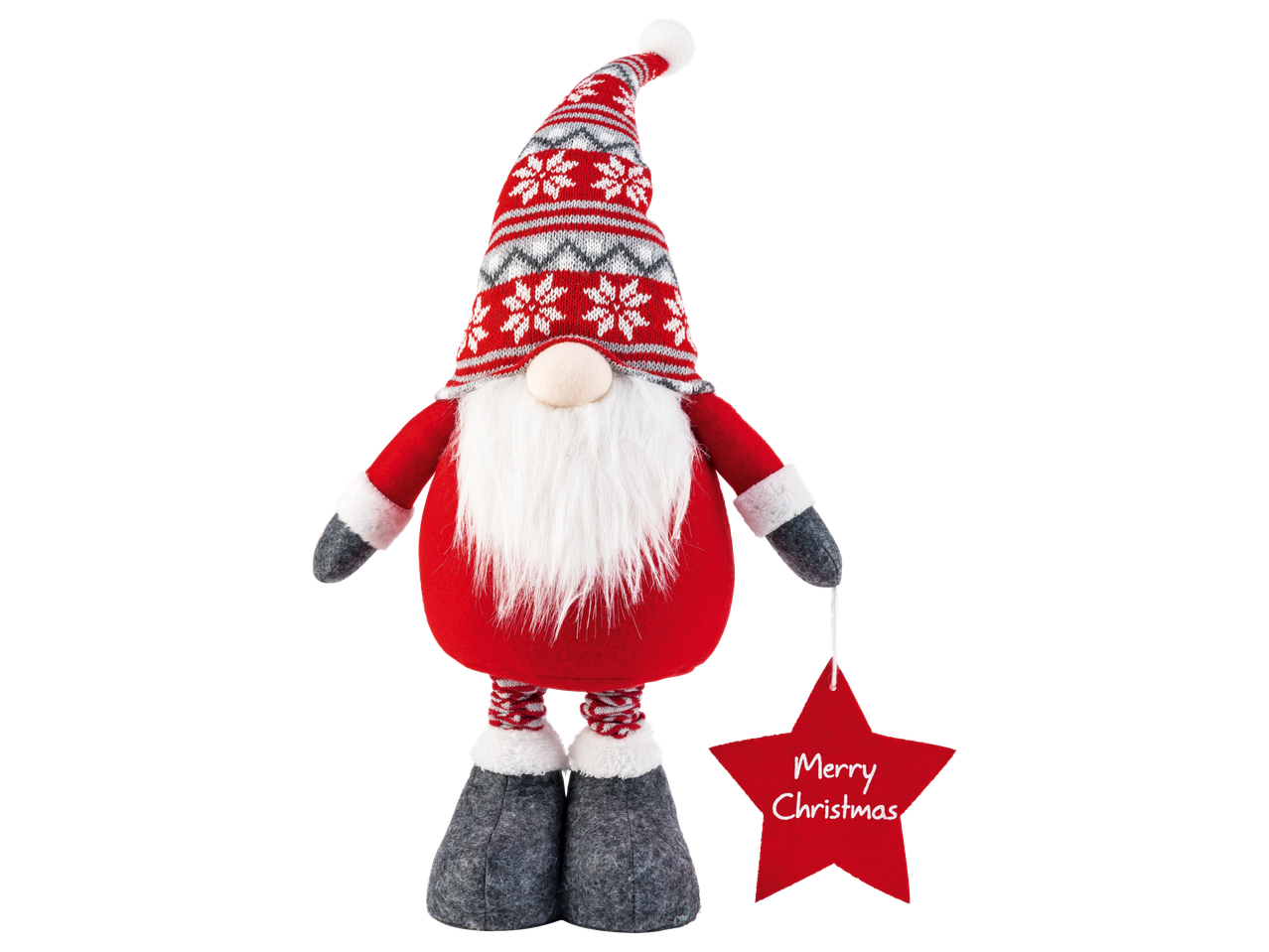 Livarno Home Deko-Wichtel: Ziemassvētku rūķis sarkanā-pelēkā cepurē, turot sarkanu zvaigzni ar uzrakstu „Merry Christmas”.