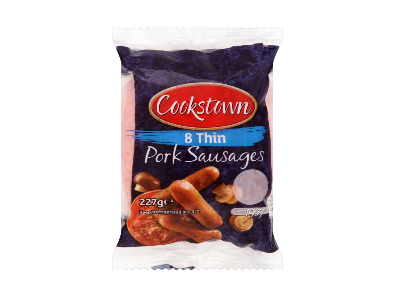 Cookstown 8 Thin Pork Sausages, 227g, in a dark blue and red package.