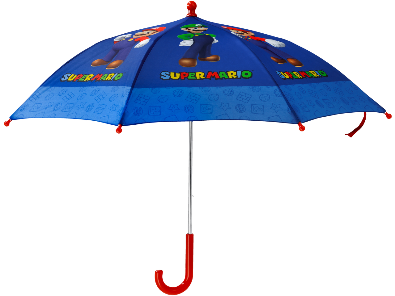 Kids' blue Super Mario umbrella with Mario and Luigi characters.