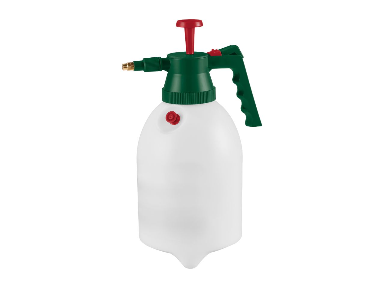 White and green pressure sprayer with a red pump handle and nozzle