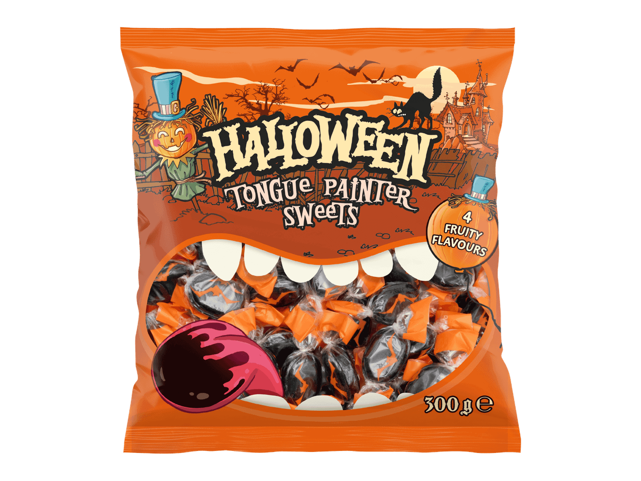 Pussi Halloween-teemaisia kielen värjääviä karkkeja, 300 g.