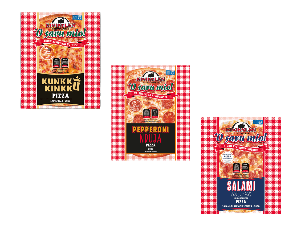 Kolme pizzapakkausta, joissa on ruudullinen kuvio ja kuvia kinkku-, pepperoni- ja salamipizzoista.