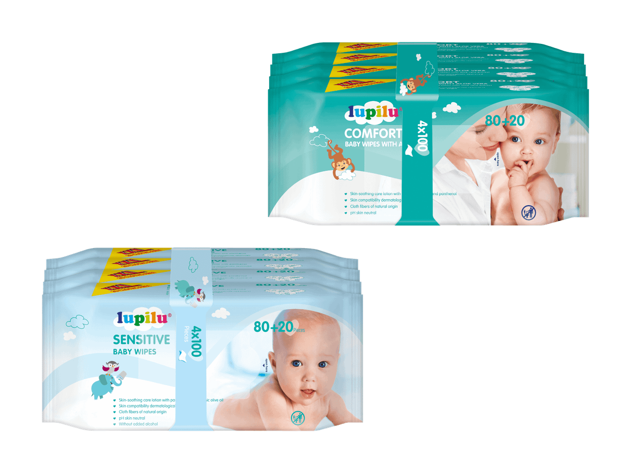 Packungen mit Lupilu Comfort und Sensitive Feuchttüchern für Babys.