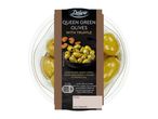 Deluxe Queen Green Olives with Truffle in a clear bowl, with nutritional information.