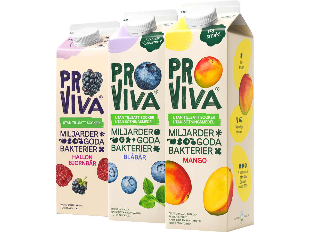 Tre förpackningar med fruktdryck, med smakerna hallon/björnbär, blåbär och mango.