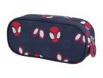 Dark blue pencil case with red and white superhero mask patterns and a red zipper pull.