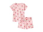 Pink short-sleeved pyjama set with a red cherry pattern.