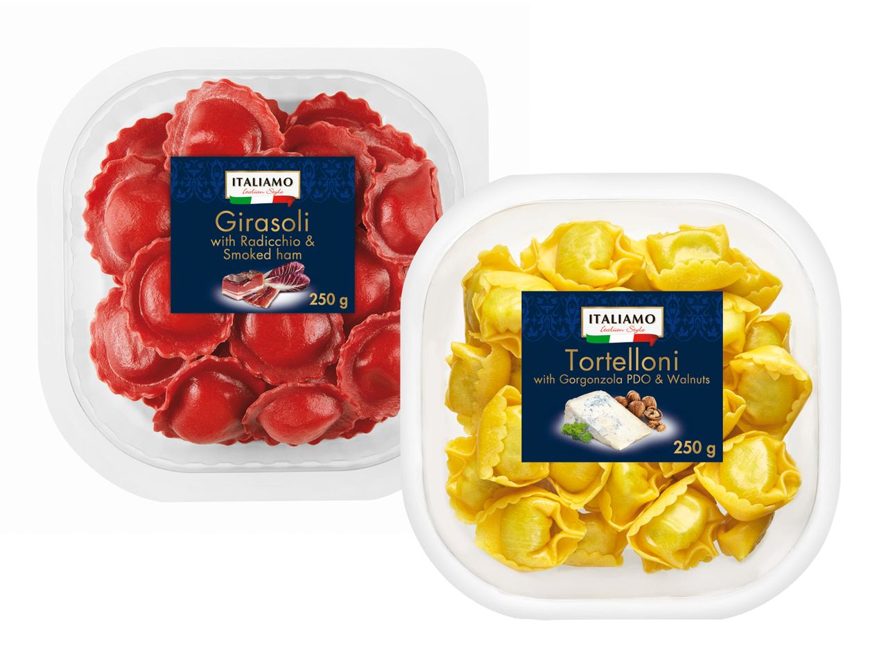 Două pachete de ravioli Buitoni, unul roșu și unul galben.