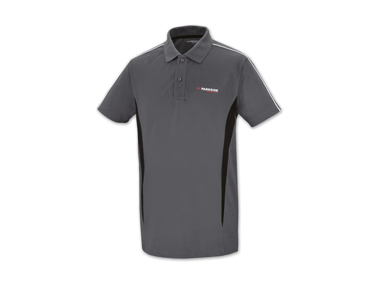 Graues Poloshirt mit kleinem Markenlogo.