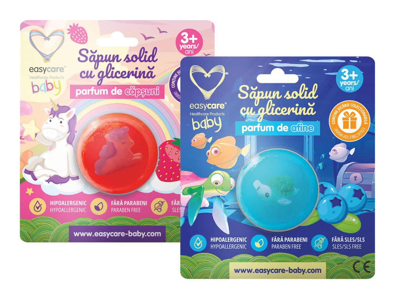 Două săpunuri solide cu glicerină pentru copii, unul cu parfum de căpșuni și unicorn, celălalt cu parfum de afine și tematică marină.