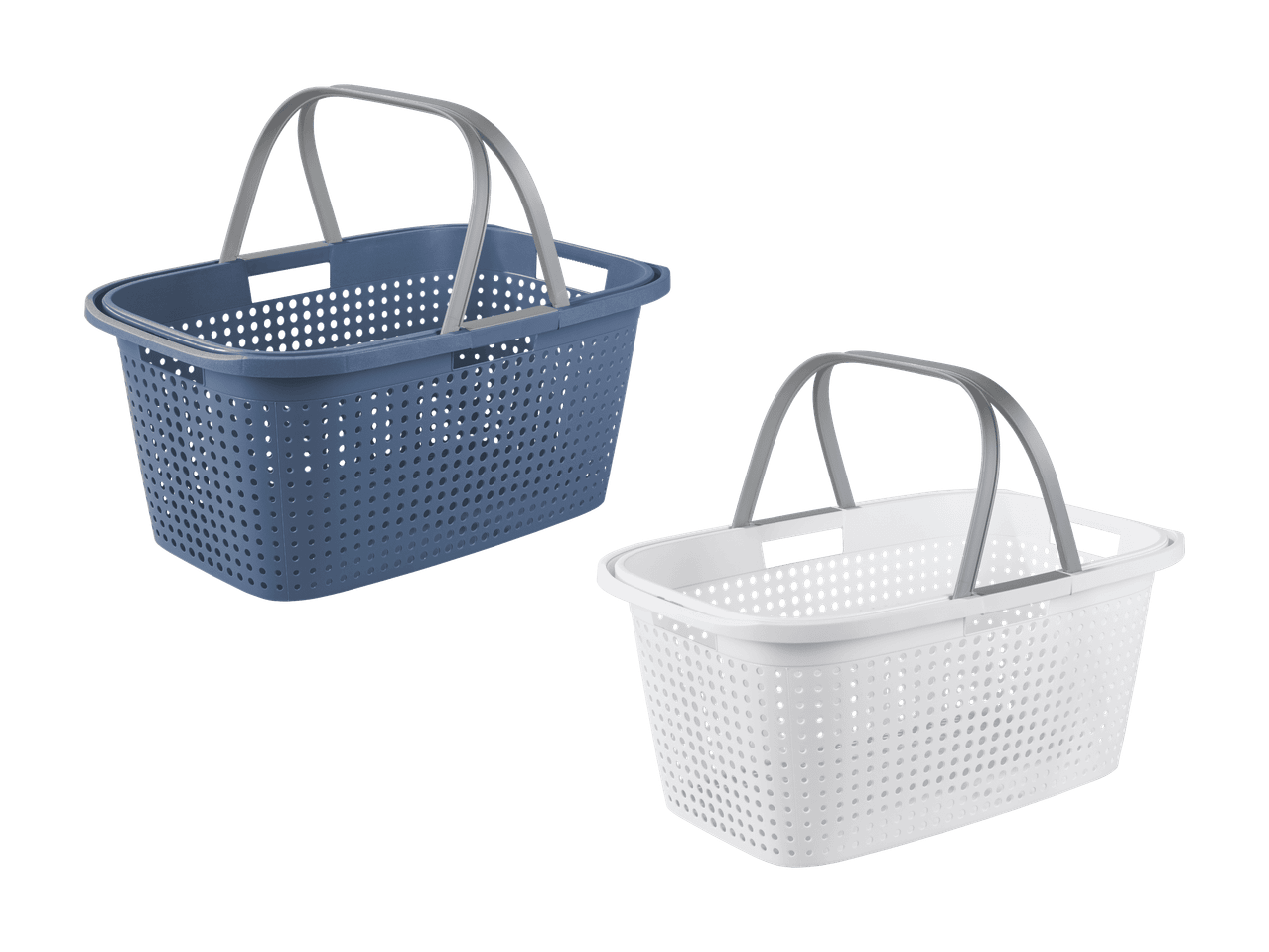 Deux paniers à linge rectangulaires avec poignées, un bleu et un blanc, perforés.