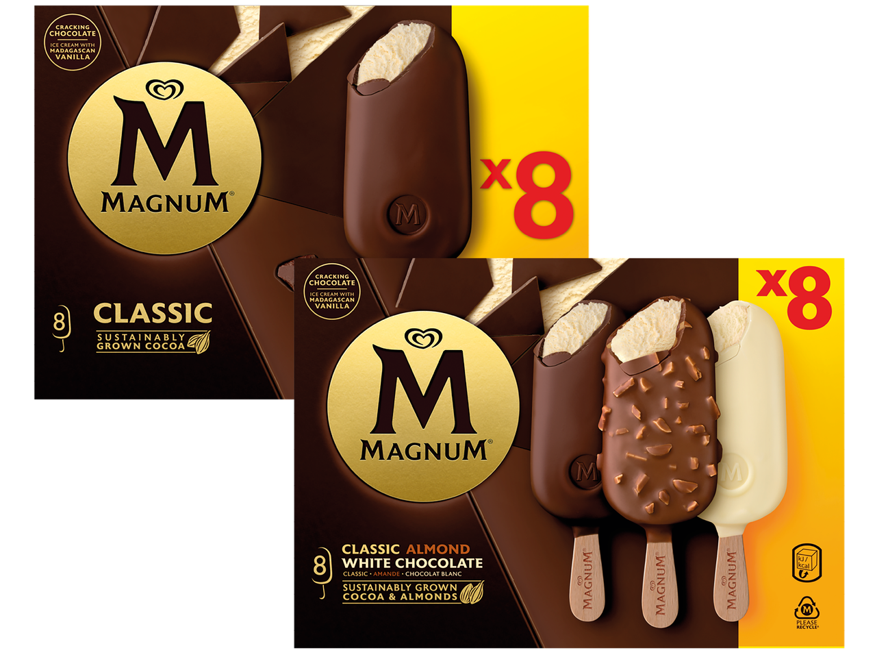 Två förpackningar Magnum-glassar: Klassisk och vit choklad med hasselnötter.