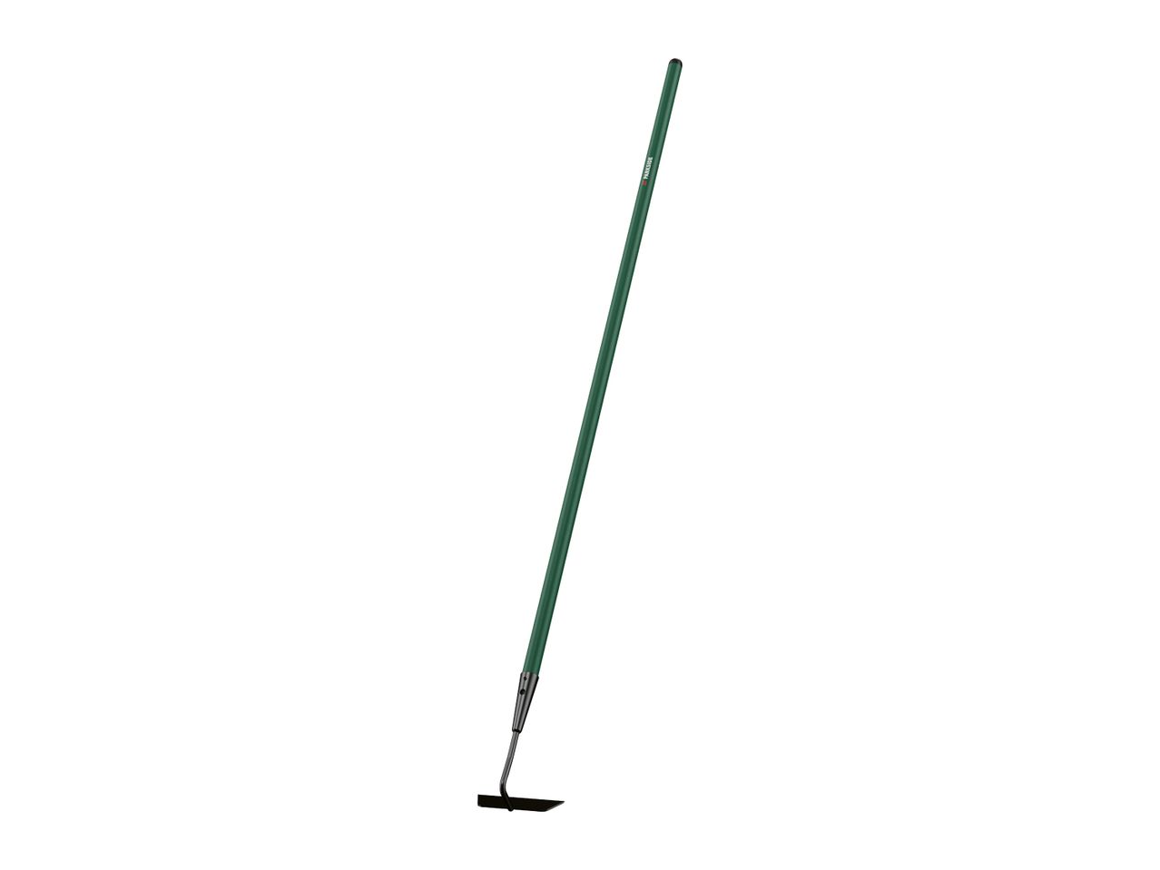 A green garden hoe with a long handle and a black blade.