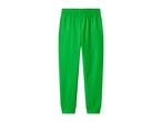 Green sweatpants with an elastic waistband and ribbed cuffs.