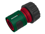 Green and red garden hose connector with a black grip, angled view.