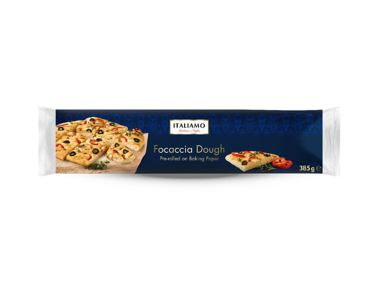 Pakiranje tijesta za focacciu marke ITALIAMO, pre-razvaljano na papiru za pečenje, 385g.