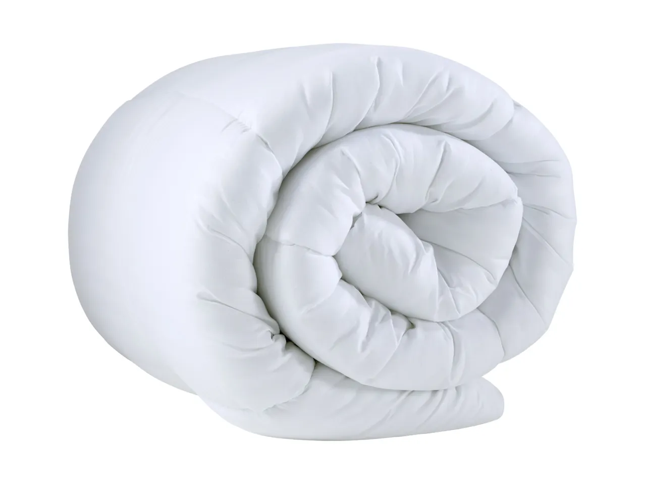 A rolled-up white duvet, showcasing its soft and fluffy texture.