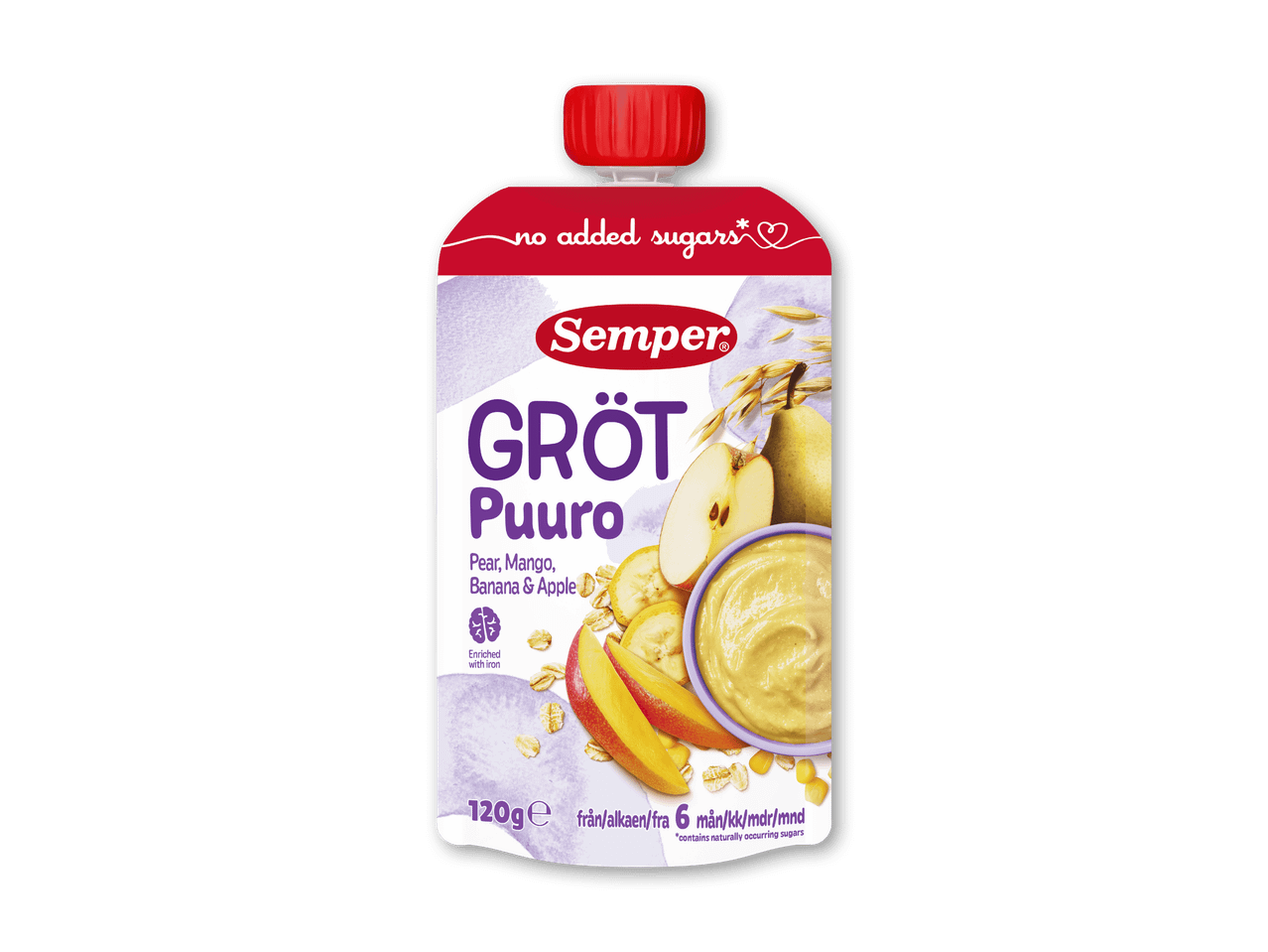 Grød med pære, mango, banan og æble i en klempose, beriget med jern, uden tilsat sukker.