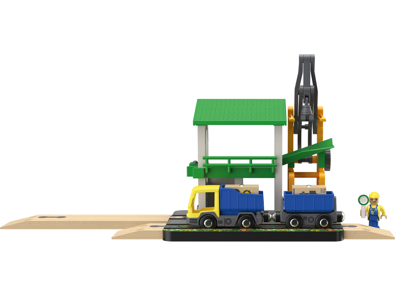 Lupilu set dodataka za drvenu železnicu sa kamionom, kranom i figurom.