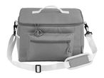 Grey cooler bag with white straps and a front pocket