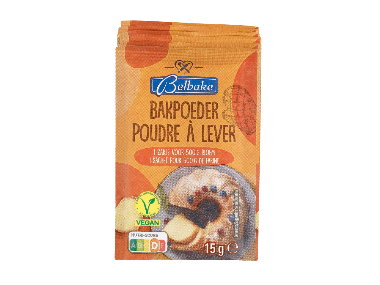 Sachet de levure chimique Belbake pour 500g de farine, avec un label vegan et Nutri-Score.