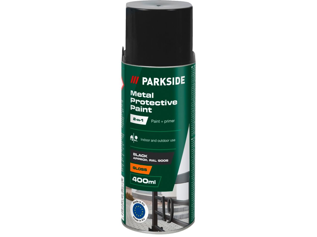 Спрей боя Parkside за метал, 400 мл, черен гланц.